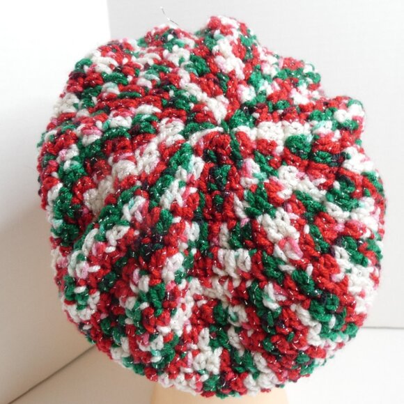 Christmas Baggy Beanie OS Red Green Slouch Hat Handmade Crochet Hand Knit NWT - Picture 4 of 9